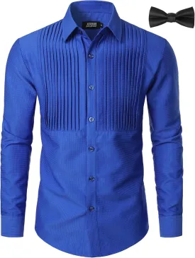 JOGAL Men's Tuxedo Shirt Pleated Dress Shirts with Bow Tie for Party Wedding