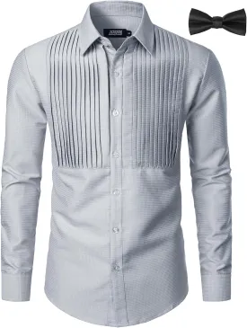 JOGAL Men's Tuxedo Shirt Pleated Dress Shirts with Bow Tie for Party Wedding
