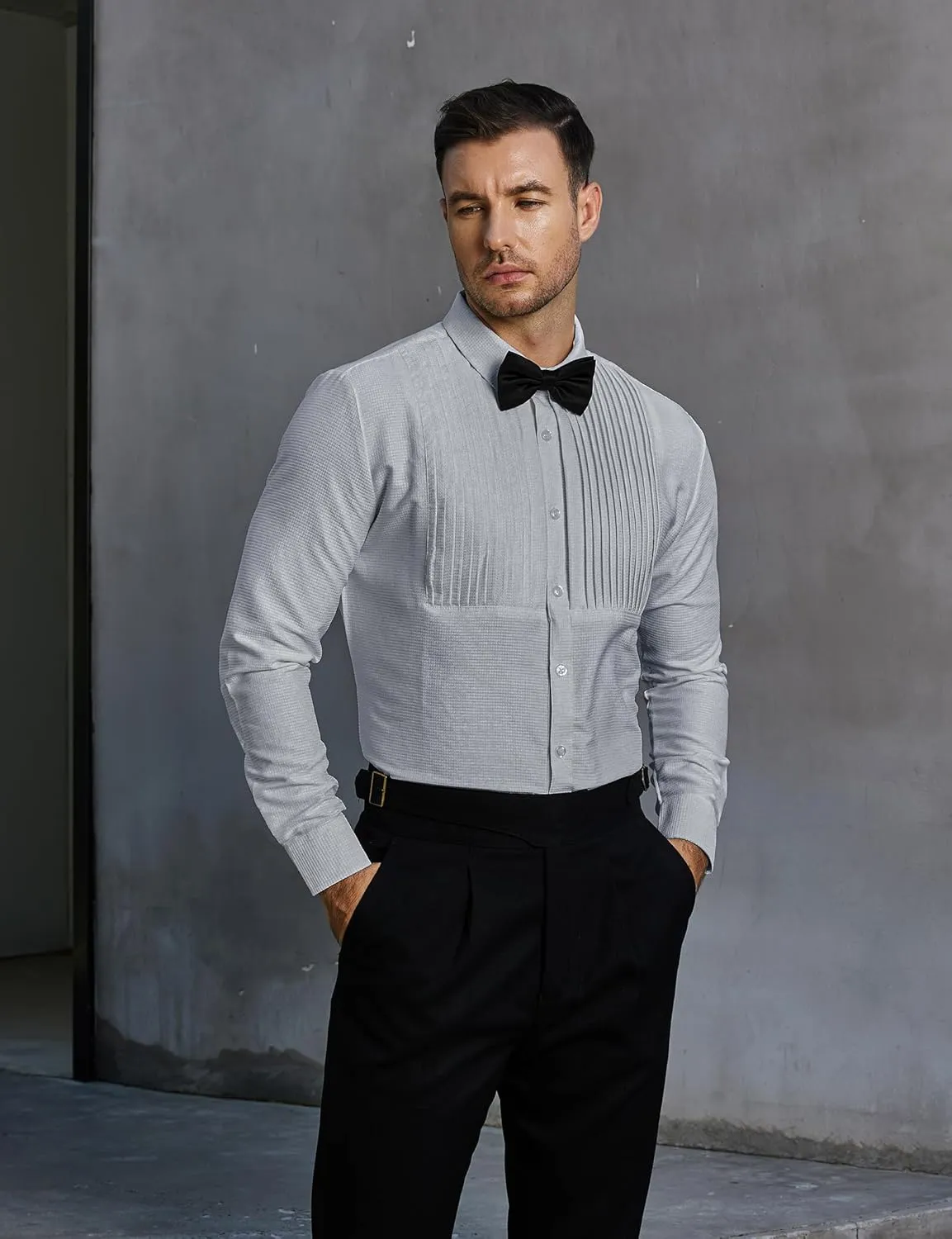 JOGAL Men's Tuxedo Shirt Pleated Dress Shirts with Bow Tie for Party Wedding