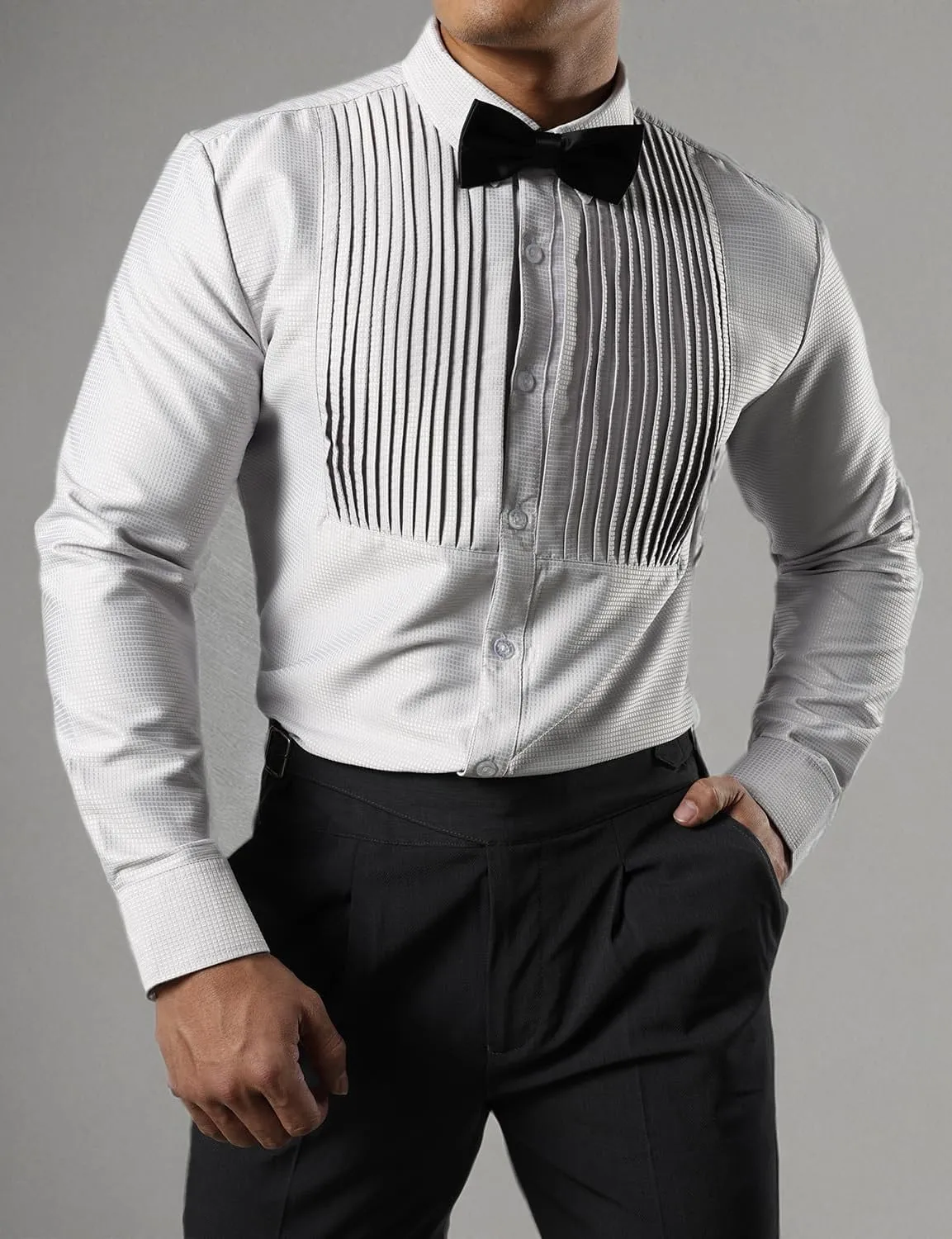 JOGAL Men's Tuxedo Shirt Pleated Dress Shirts with Bow Tie for Party Wedding