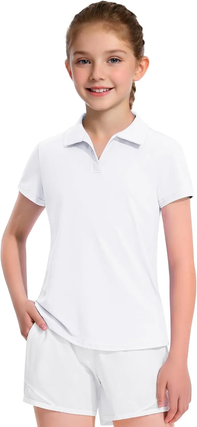 KEREDA Girls Polo Shirts Golf Tennis School Uniform Short Sleeve T Shirts V-Neck Collared Quick Dry Tops