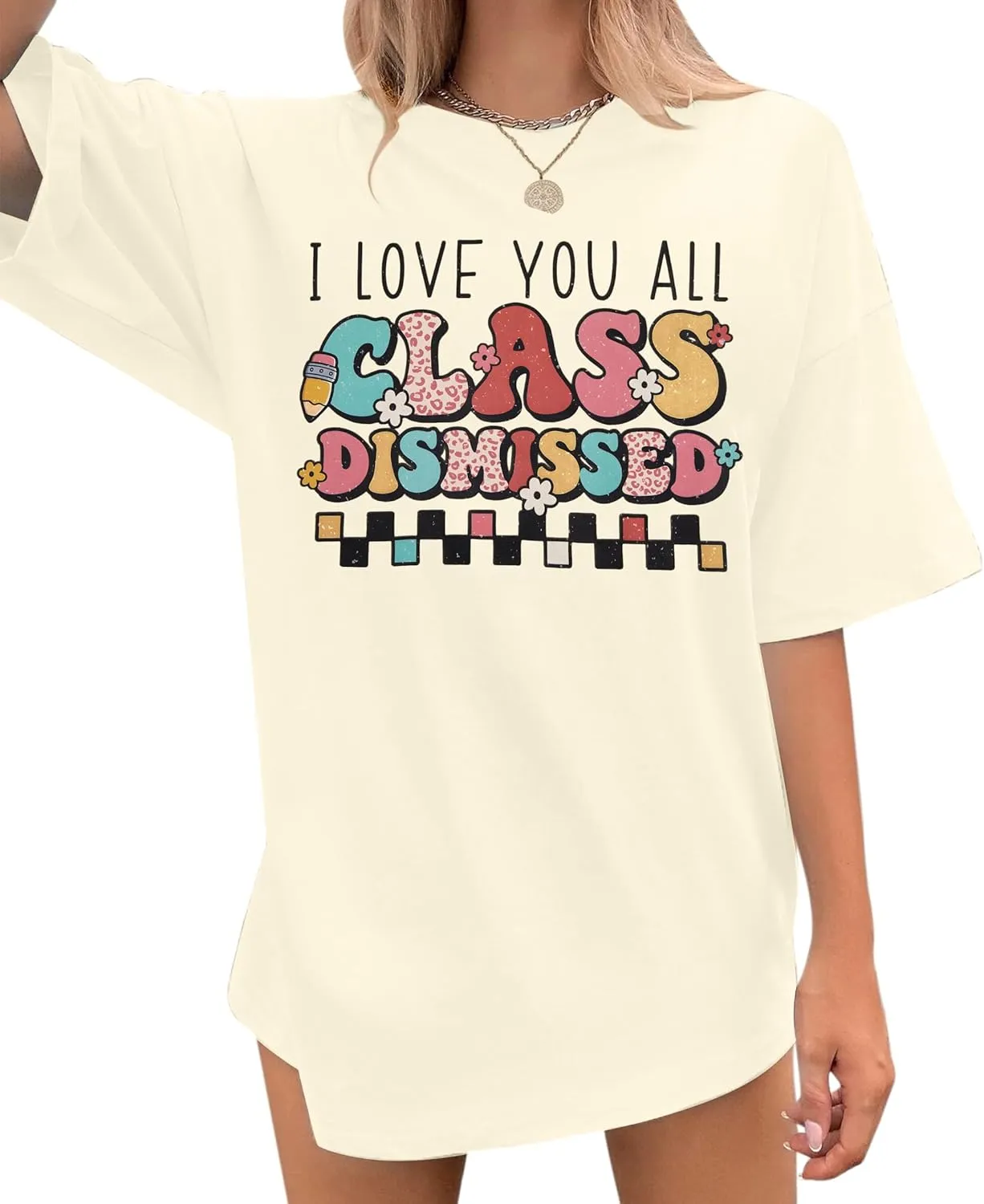 KIDDAD Women's Teacher Shirts Last Day of School Oversized T-Shirt Graphic Tees Class Dismissed Tee Tops