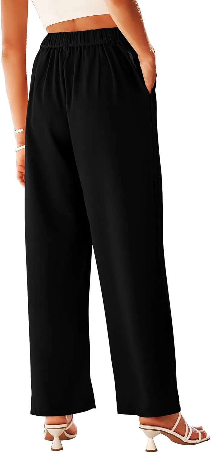 KIRUNDO Women's Elastic High Waisted Wide Leg Dress Pants Loose Fit Pleated Front Business Casual Work Pants Trousers