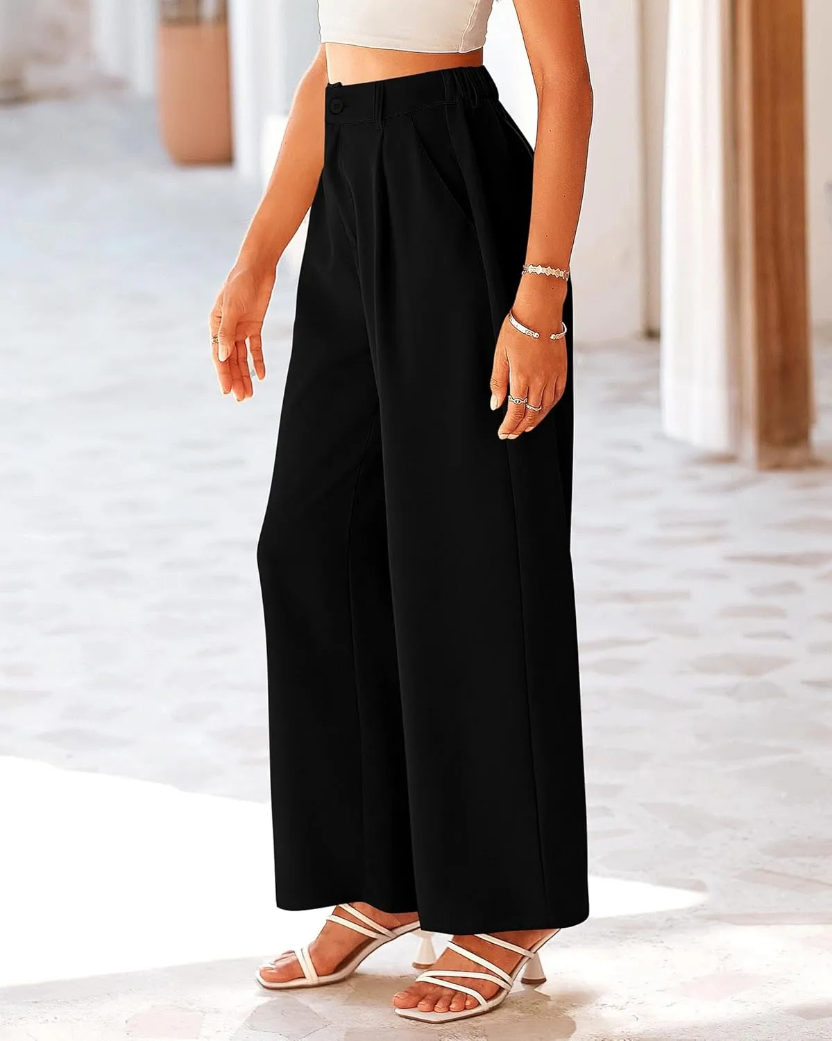 KIRUNDO Women's Elastic High Waisted Wide Leg Dress Pants Loose Fit Pleated Front Business Casual Work Pants Trousers