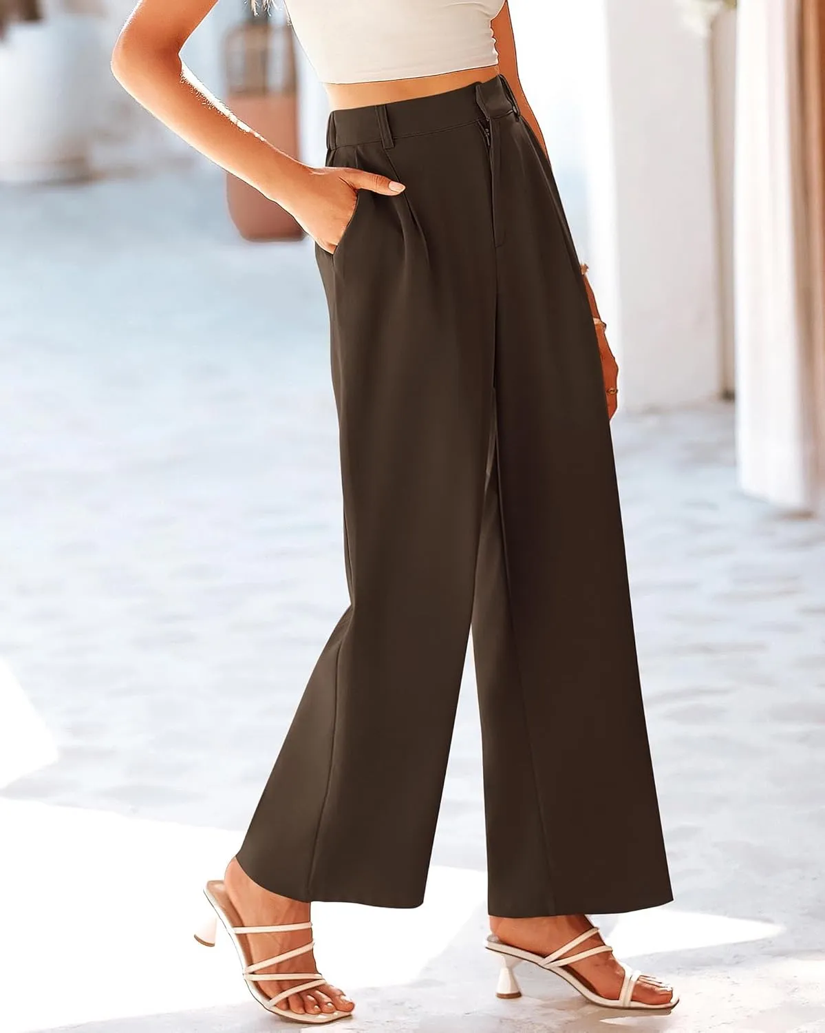 KIRUNDO Women's Elastic High Waisted Wide Leg Dress Pants Loose Fit Pleated Front Business Casual Work Pants Trousers