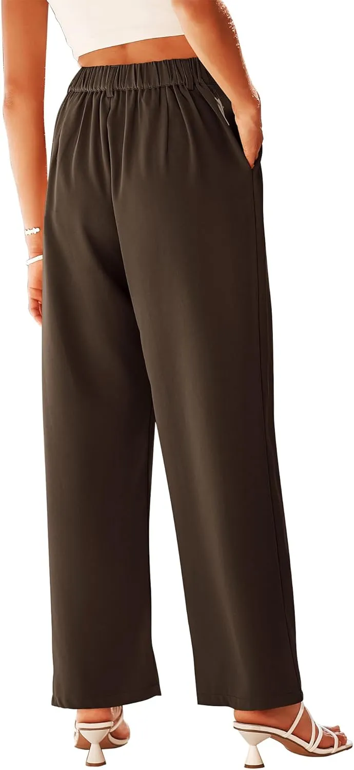 KIRUNDO Women's Elastic High Waisted Wide Leg Dress Pants Loose Fit Pleated Front Business Casual Work Pants Trousers