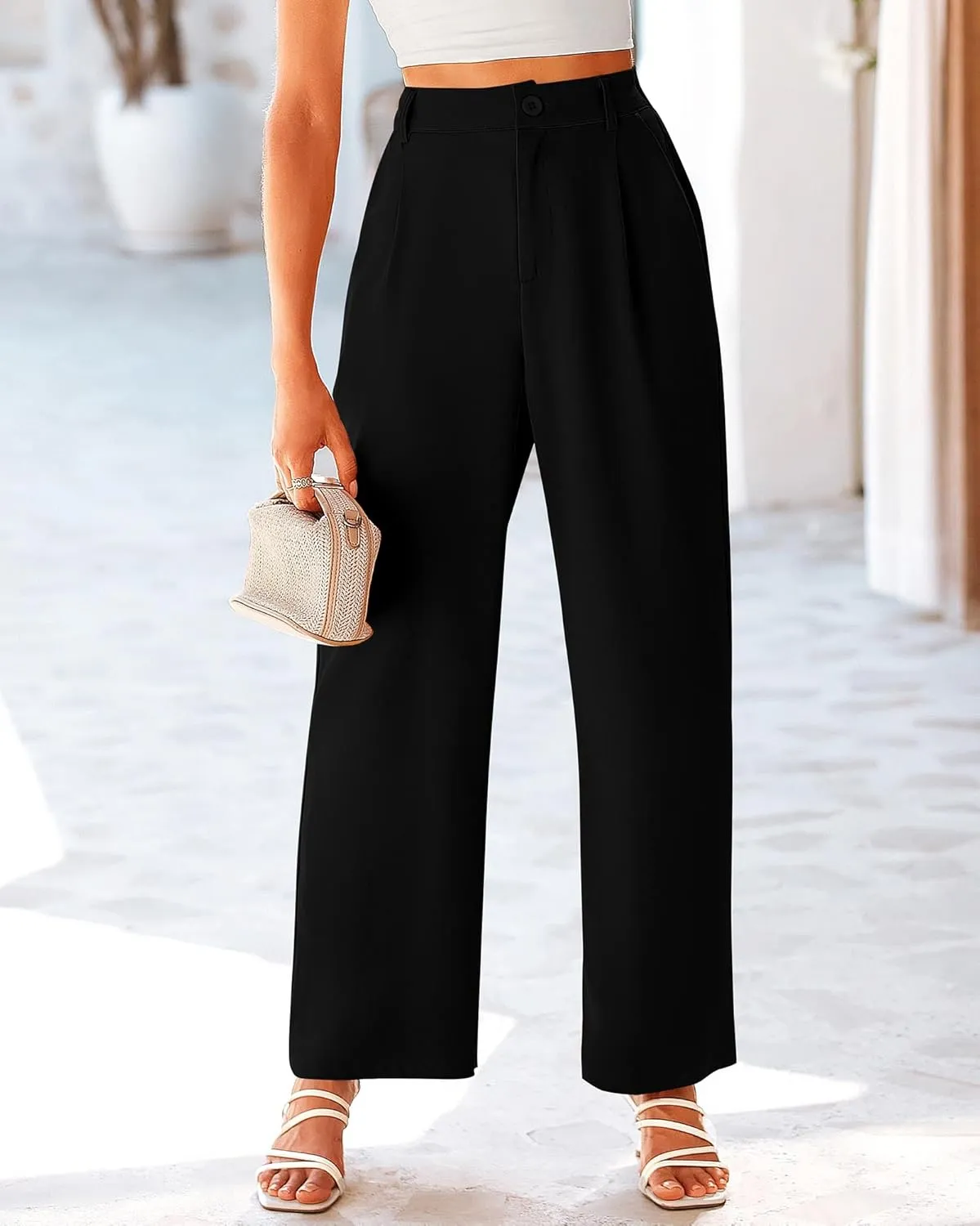 KIRUNDO Women's Elastic High Waisted Wide Leg Dress Pants Loose Fit Pleated Front Business Casual Work Pants Trousers