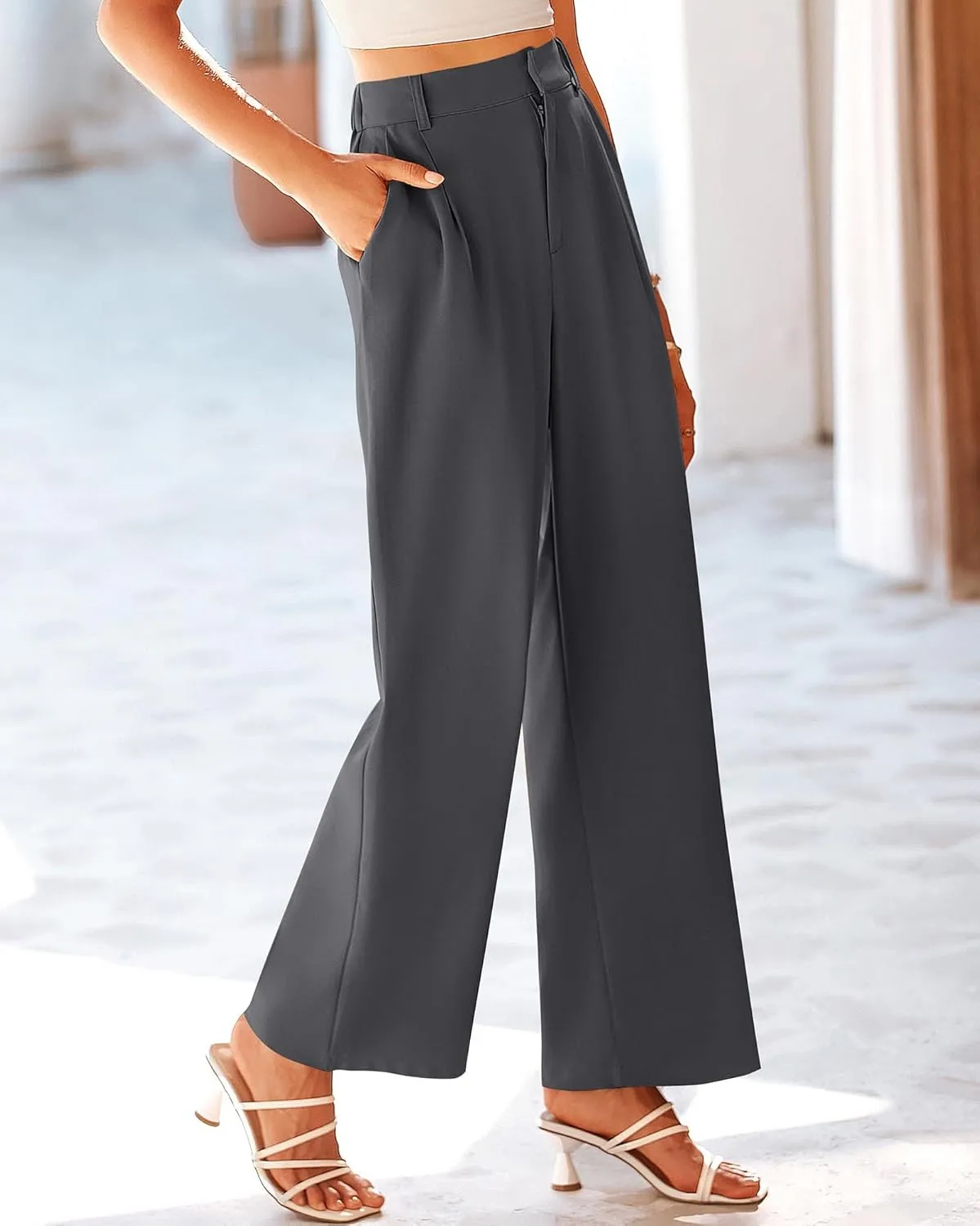 KIRUNDO Women's Elastic High Waisted Wide Leg Dress Pants Loose Fit Pleated Front Business Casual Work Pants Trousers