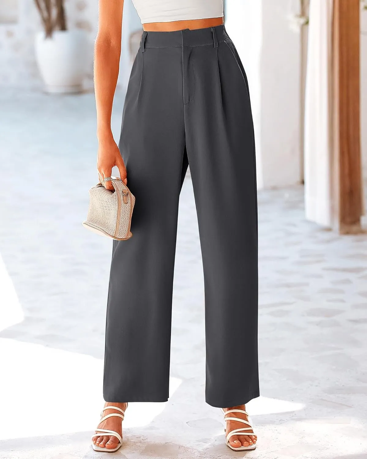 KIRUNDO Women's Elastic High Waisted Wide Leg Dress Pants Loose Fit Pleated Front Business Casual Work Pants Trousers