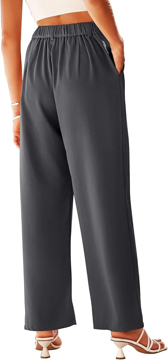 KIRUNDO Women's Elastic High Waisted Wide Leg Dress Pants Loose Fit Pleated Front Business Casual Work Pants Trousers