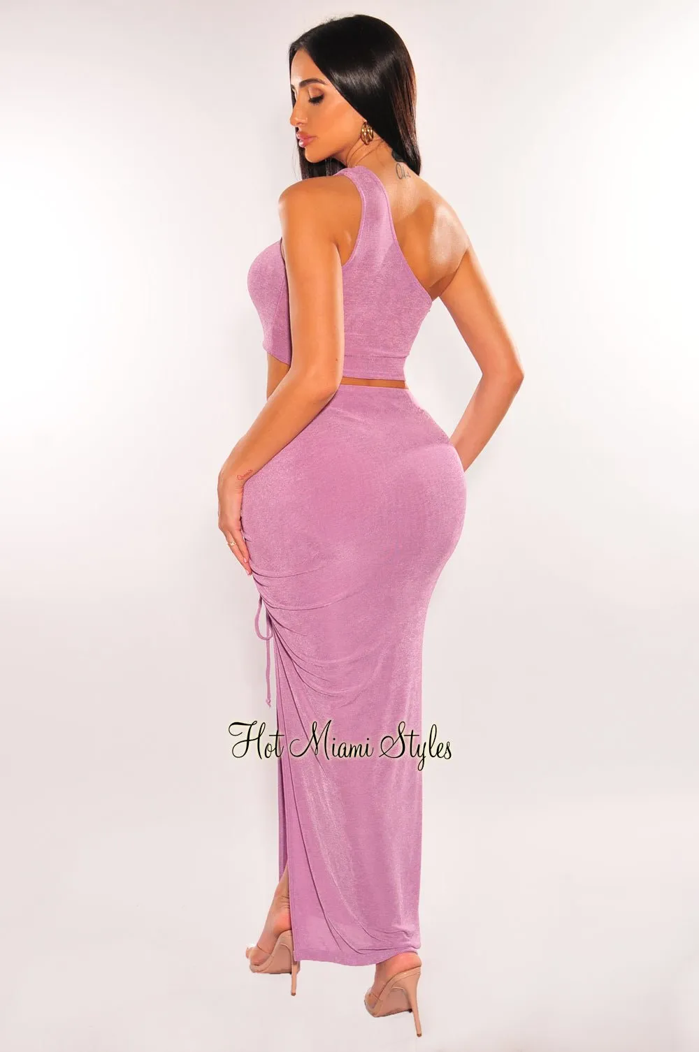 Lavender One Shoulder Lace Up Slit Skirt Two Piece Set