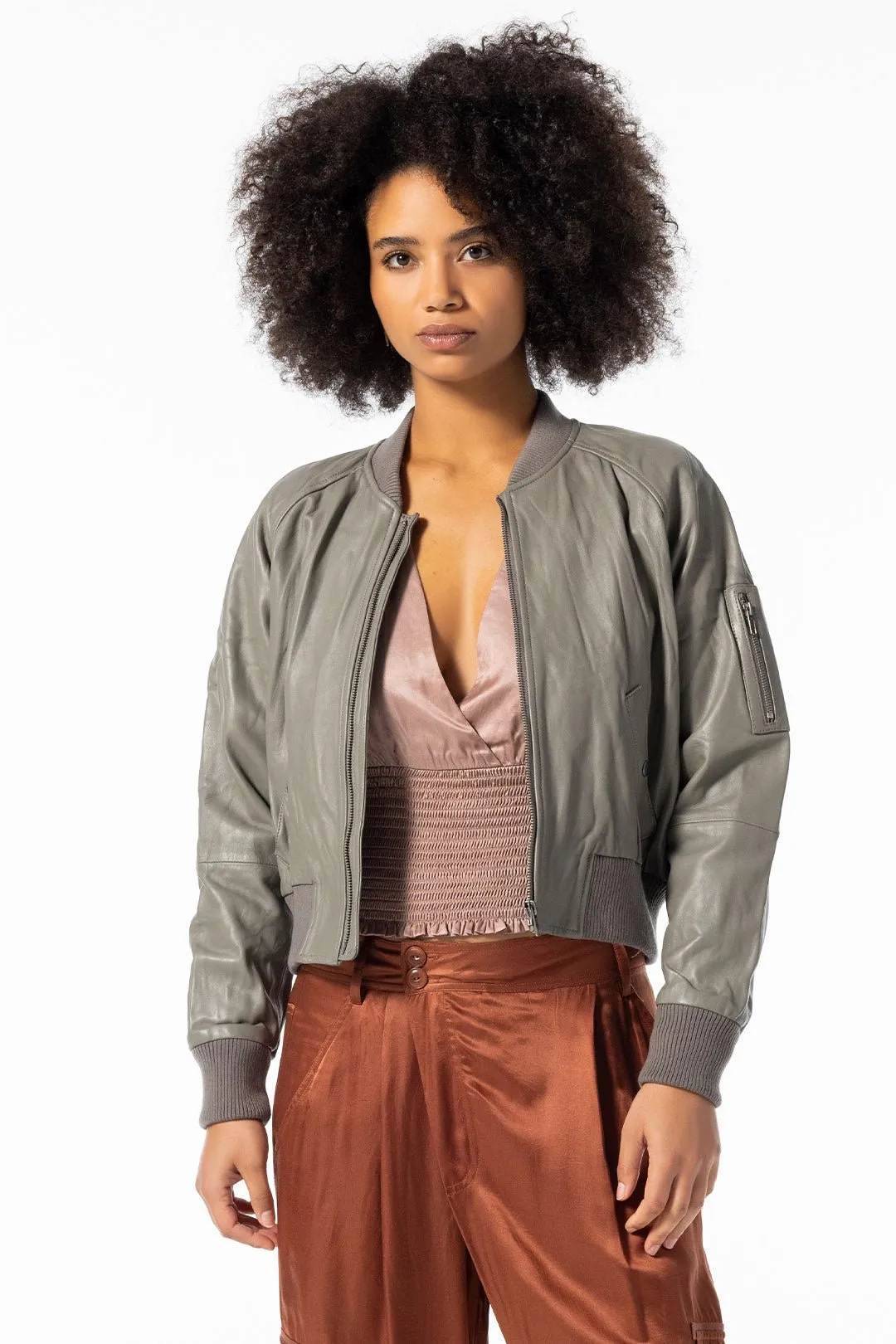 LEATHER BOMBER JACKET, CEMENT