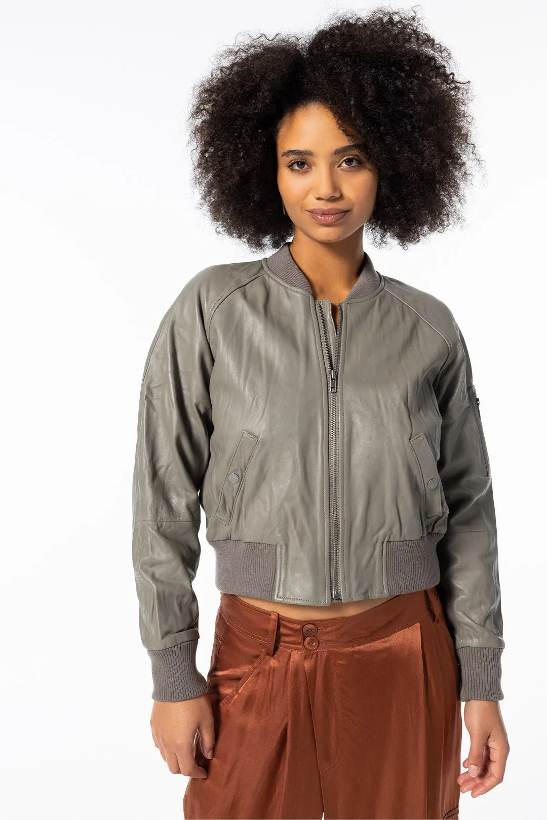 LEATHER BOMBER JACKET, CEMENT