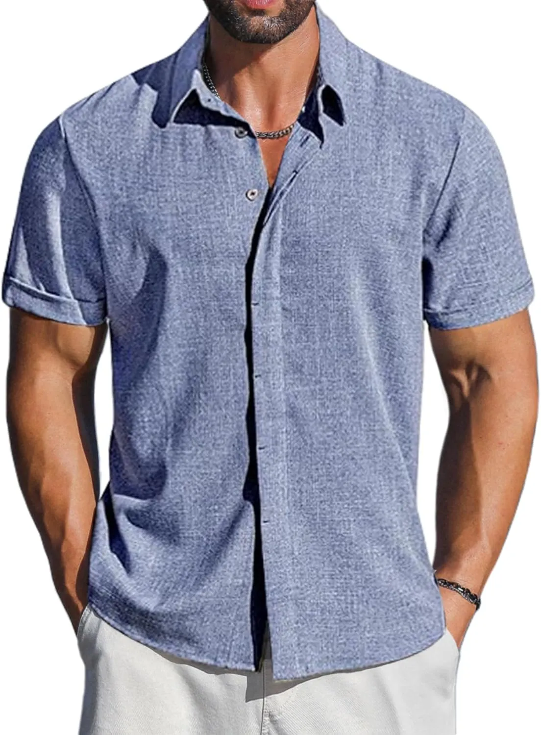 LETSEE Men's Linen Shirts Short Sleeve Button Down Casual Dress Shirts for Men Beach Vacation Shirt Fashion Summer Clothes