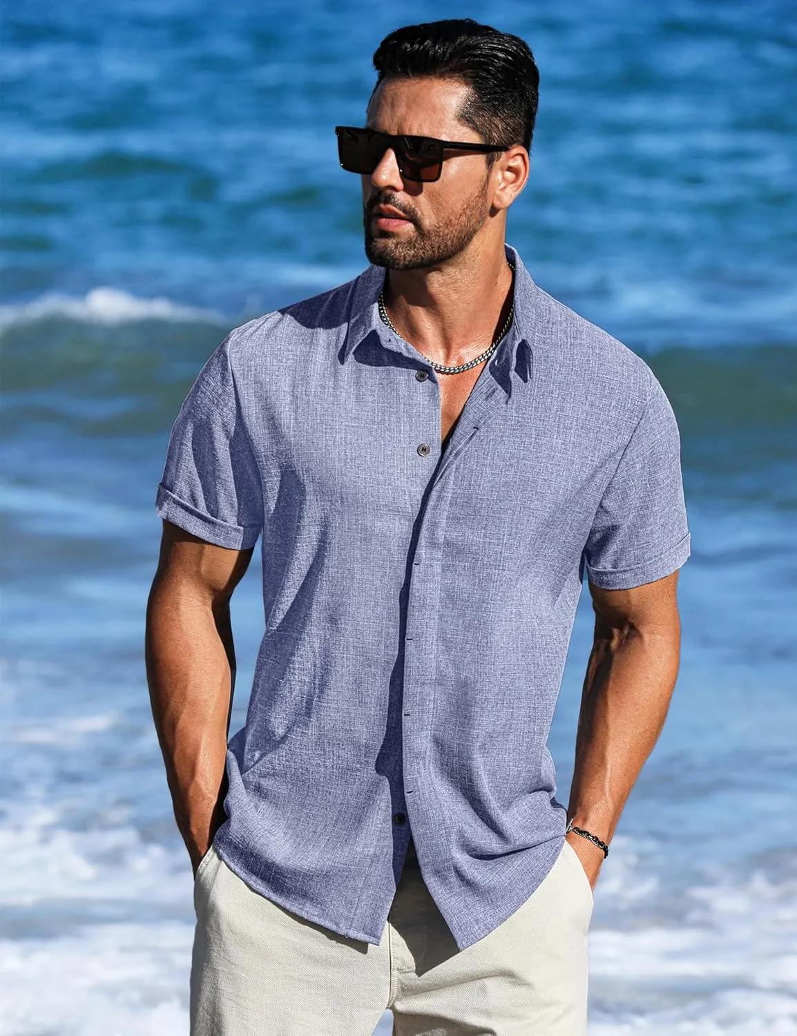 LETSEE Men's Linen Shirts Short Sleeve Button Down Casual Dress Shirts for Men Beach Vacation Shirt Fashion Summer Clothes