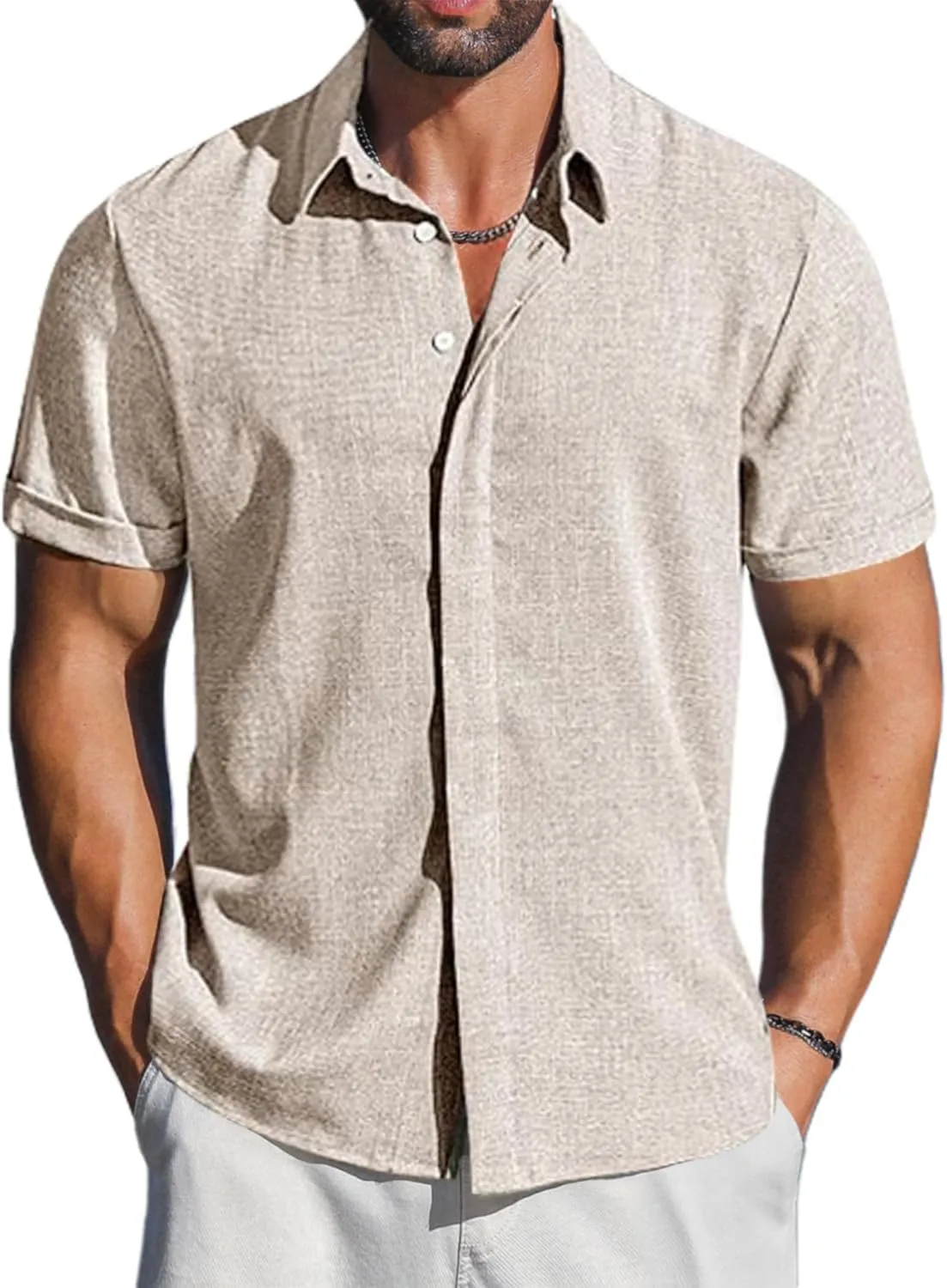 LETSEE Men's Linen Shirts Short Sleeve Button Down Casual Dress Shirts for Men Beach Vacation Shirt Fashion Summer Clothes