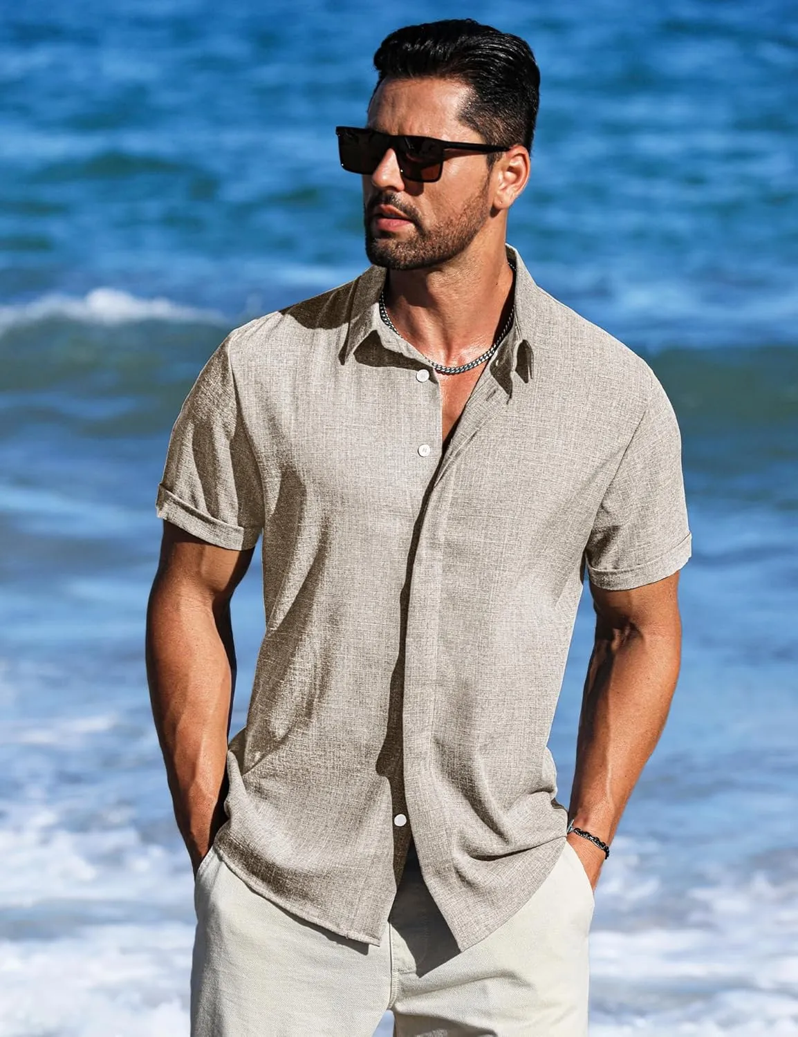 LETSEE Men's Linen Shirts Short Sleeve Button Down Casual Dress Shirts for Men Beach Vacation Shirt Fashion Summer Clothes