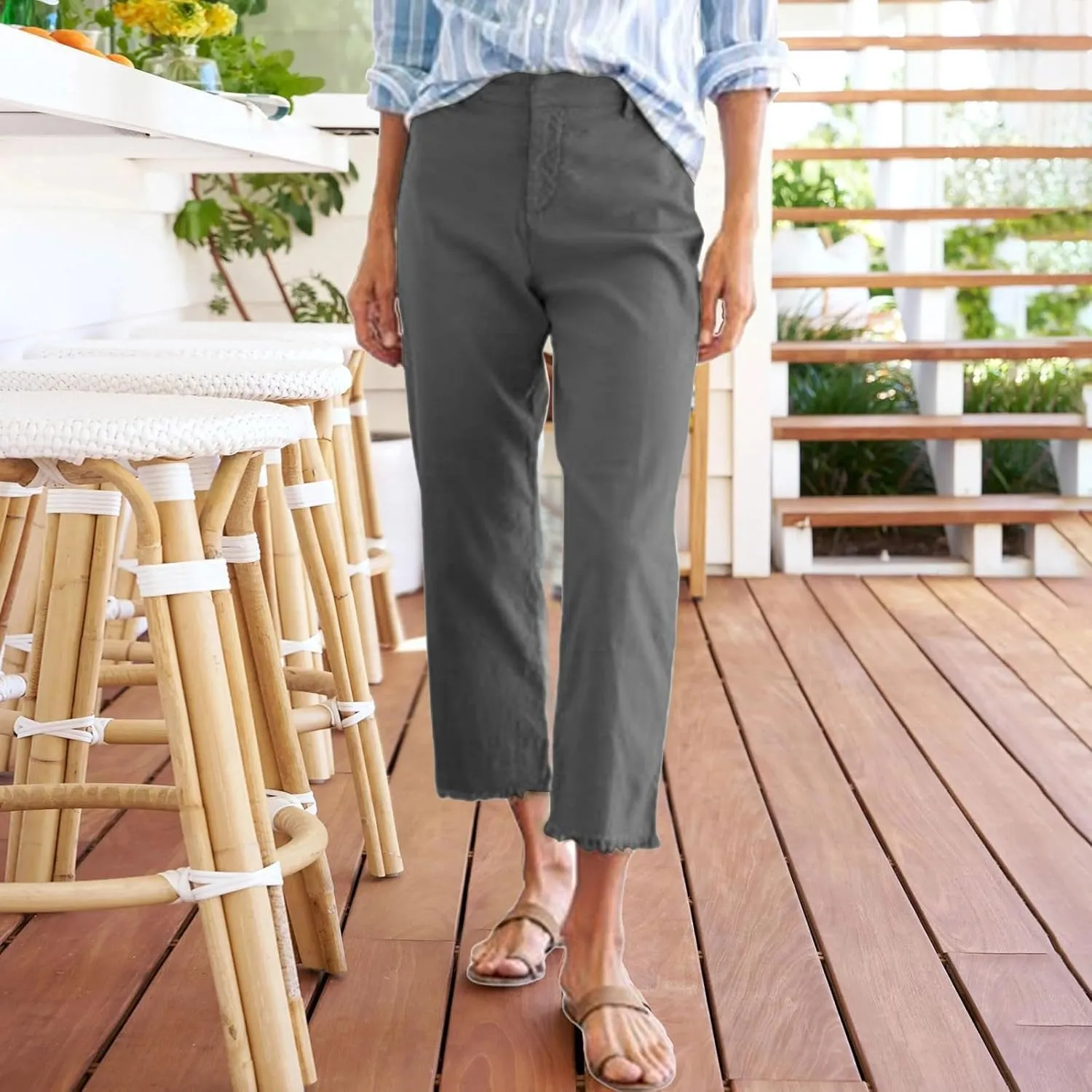 Linen Capris for Women High Waisted Fashion Business Dressy Pants Plus Size Straight Leg Zipper Fly Casual Summer Trousers