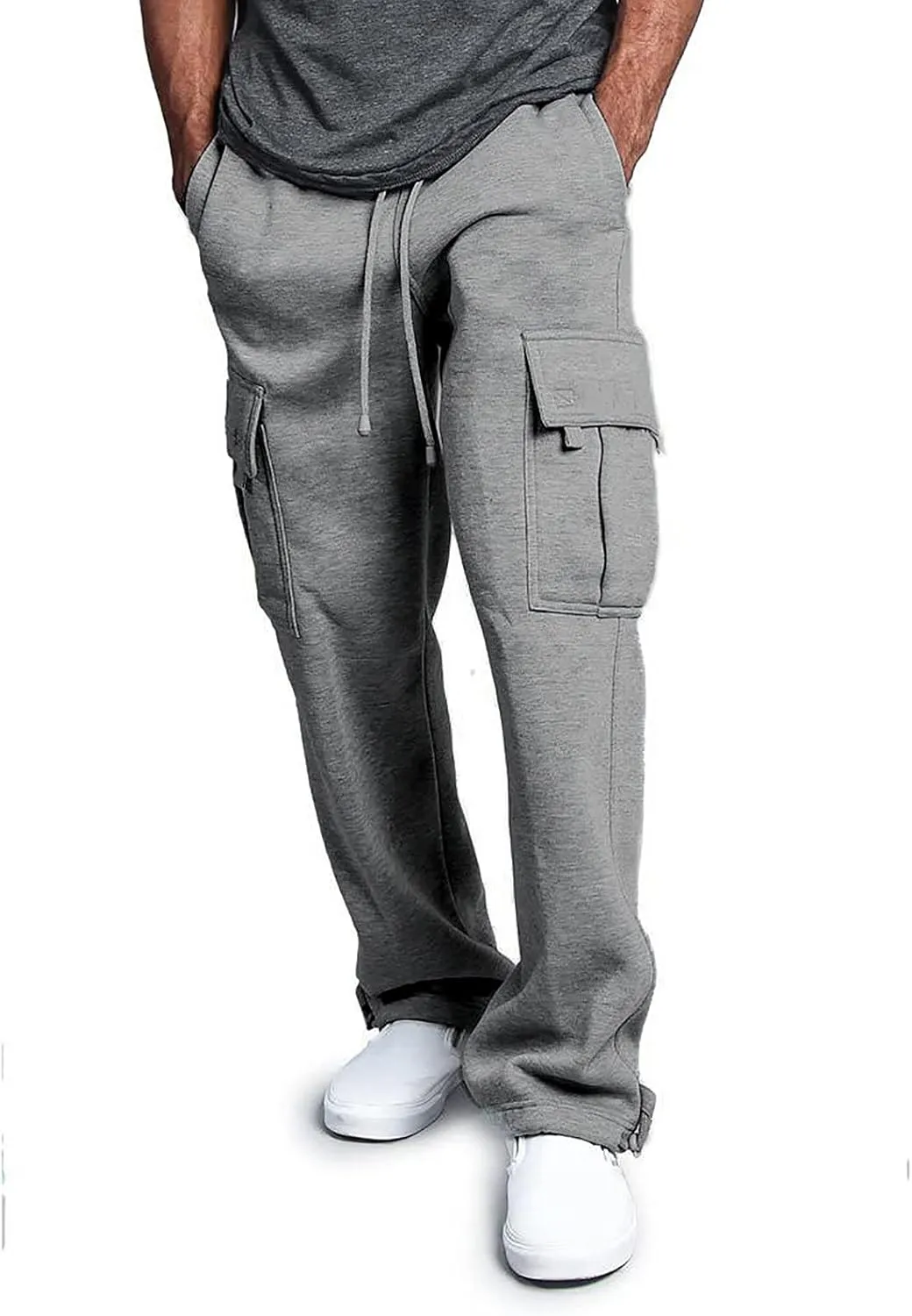 Linen Pants for Men 2023 Fashion Drawstring Stretch Solid Cargo Trousers Multi Pockets Athletic-Fit Sweatpants