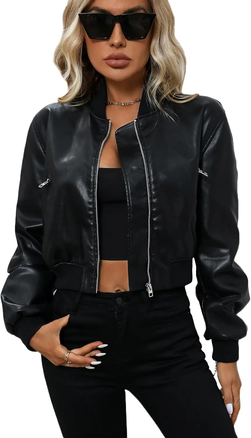 LY VAREY LIN Womens Faux Leather Varsity Jacket Biker Baseball Streetwear Casual Coat