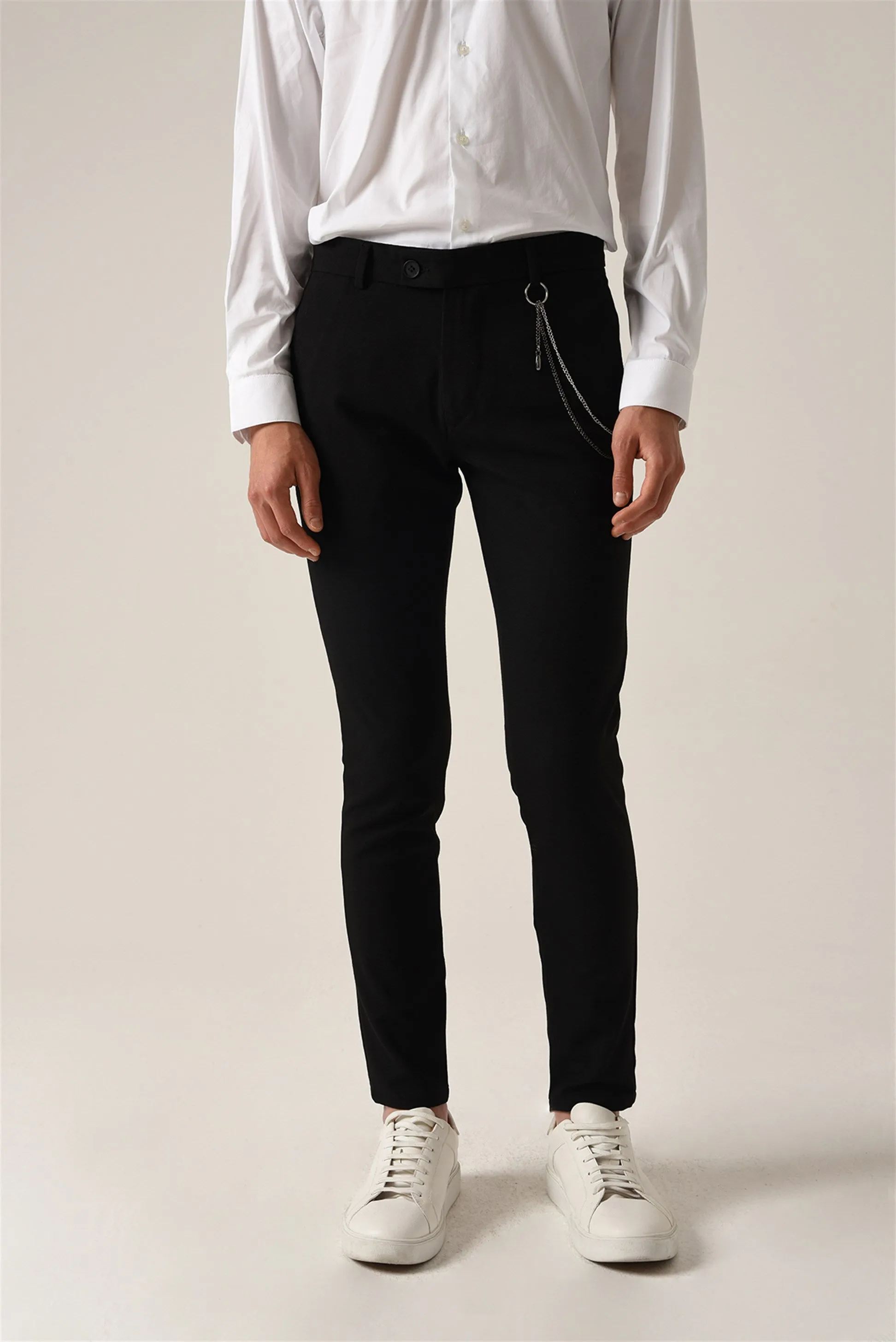 Men's Black Accessory Detail Slim Fit Trousers - Wessi