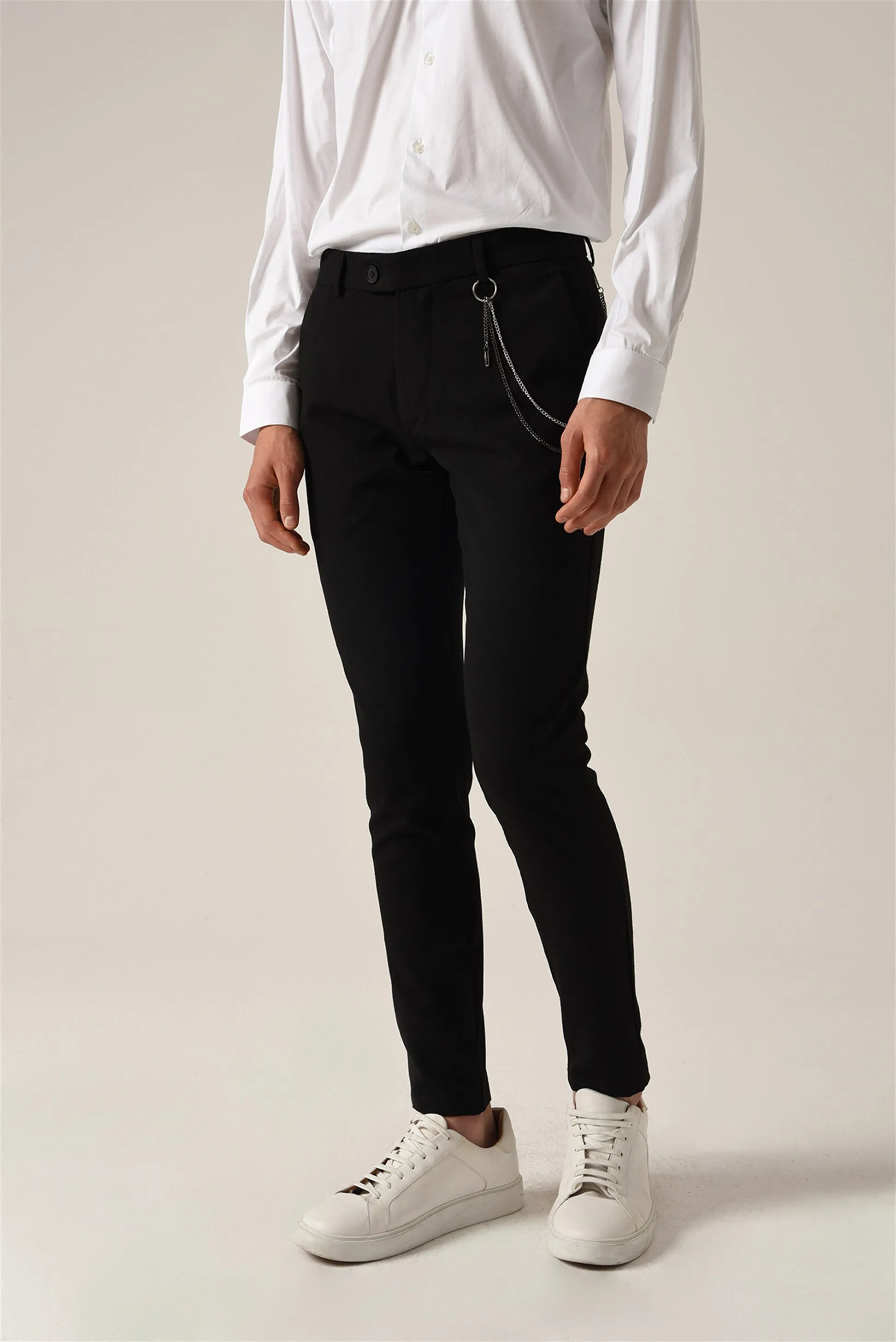 Men's Black Accessory Detail Slim Fit Trousers - Wessi