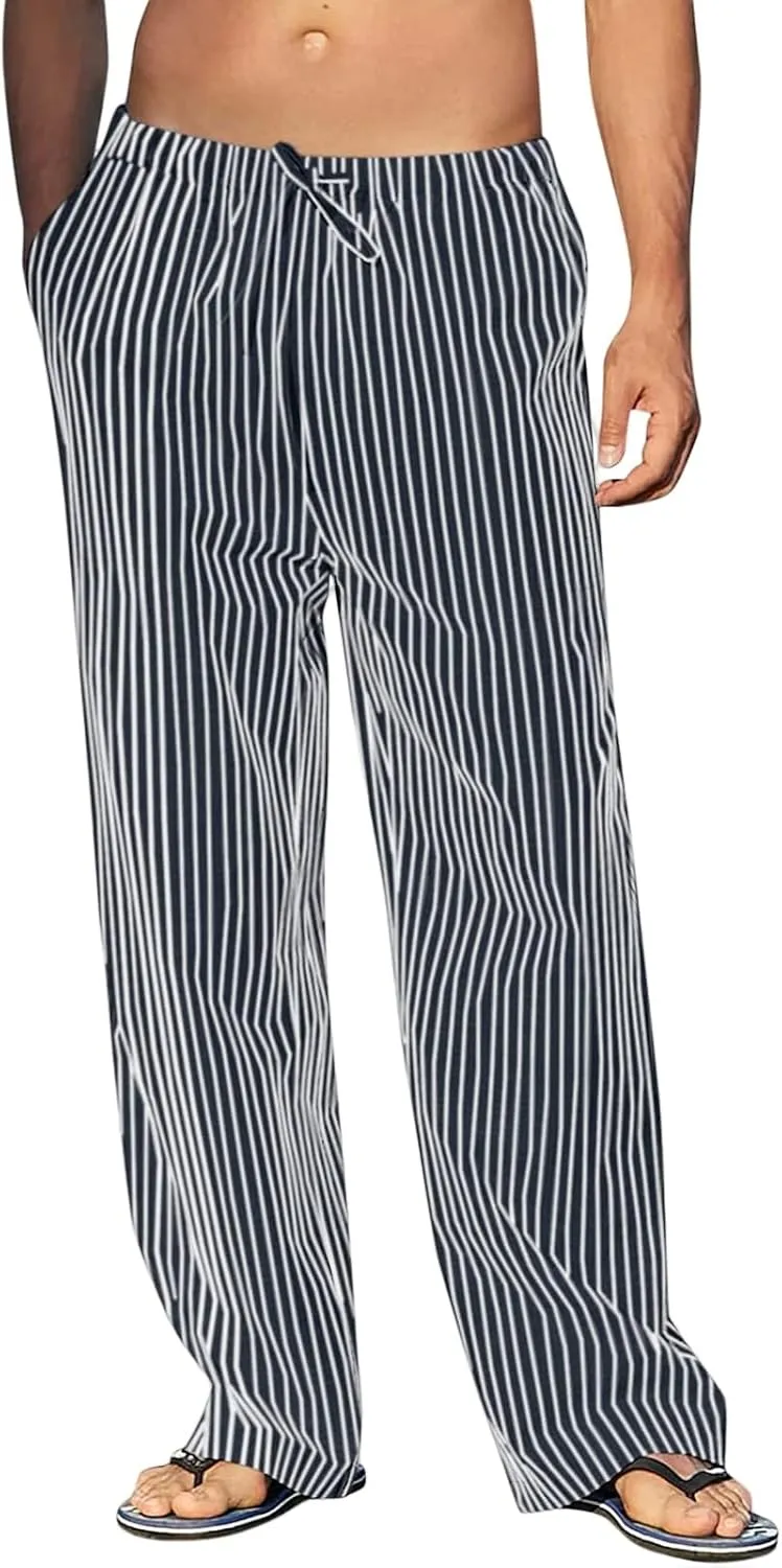 Mens Casual Linen Elastic Waist Drawstring Lightweight Loose Fit with Pockets Summer Beach Yoga Trouser Pants