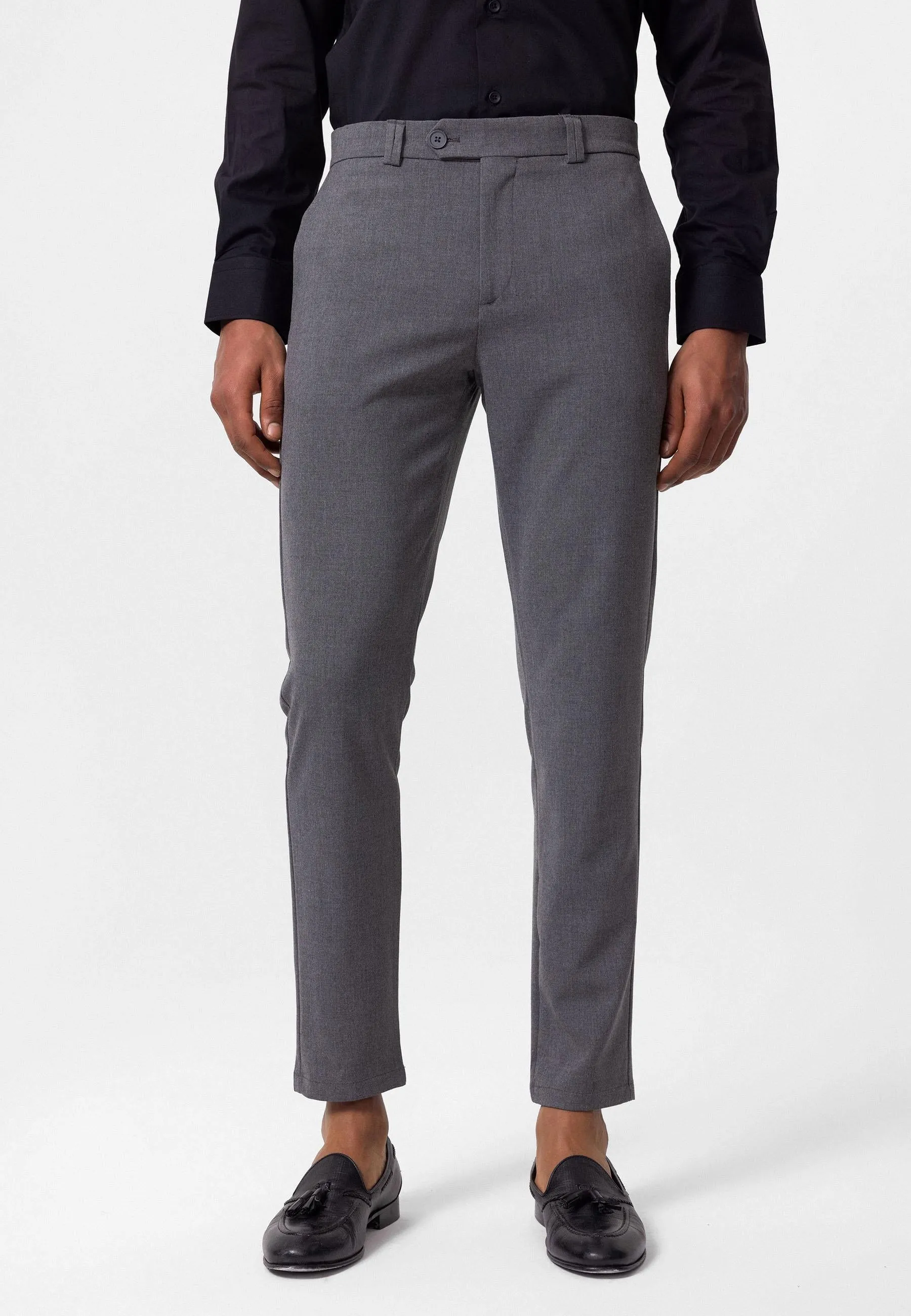 Men's Grey Slim Fit Straight Accessory Fabric Trousers - Wessi