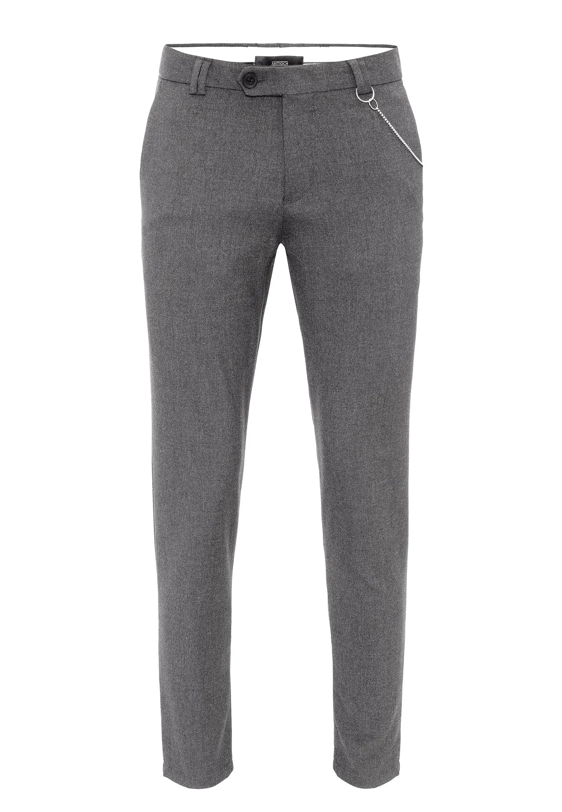 Men's Grey Slim Fit Straight Accessory Fabric Trousers - Wessi