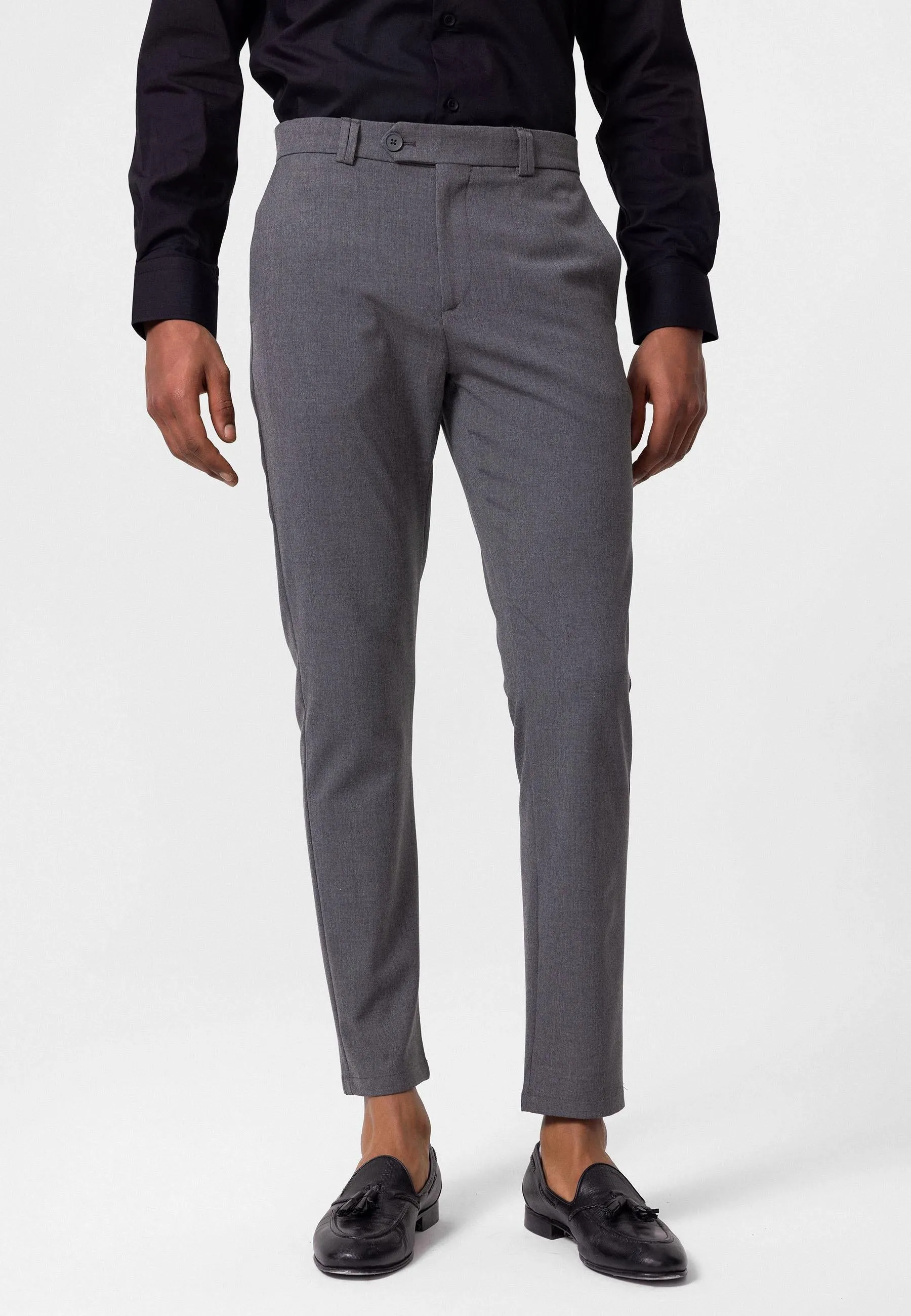 Men's Grey Slim Fit Straight Accessory Fabric Trousers - Wessi