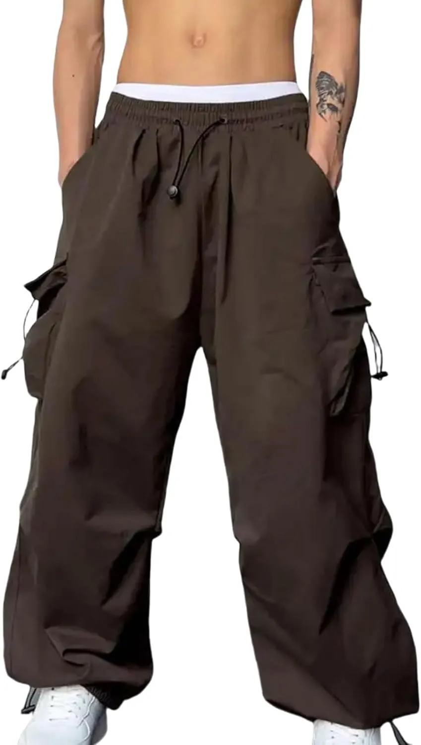 Mens Hiking Parachute Pants High Waist Drawstring Travel Pants Summer Wide Leg Comfy Athletic Trousers with Pockets