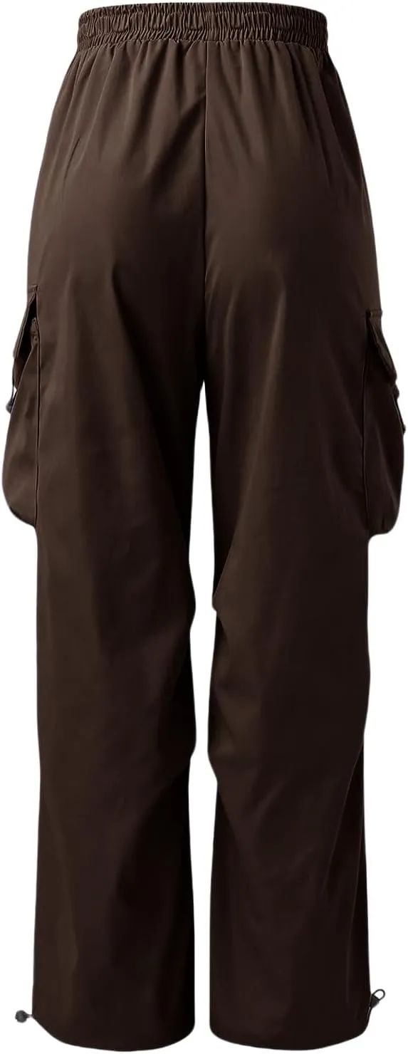 Mens Hiking Parachute Pants High Waist Drawstring Travel Pants Summer Wide Leg Comfy Athletic Trousers with Pockets