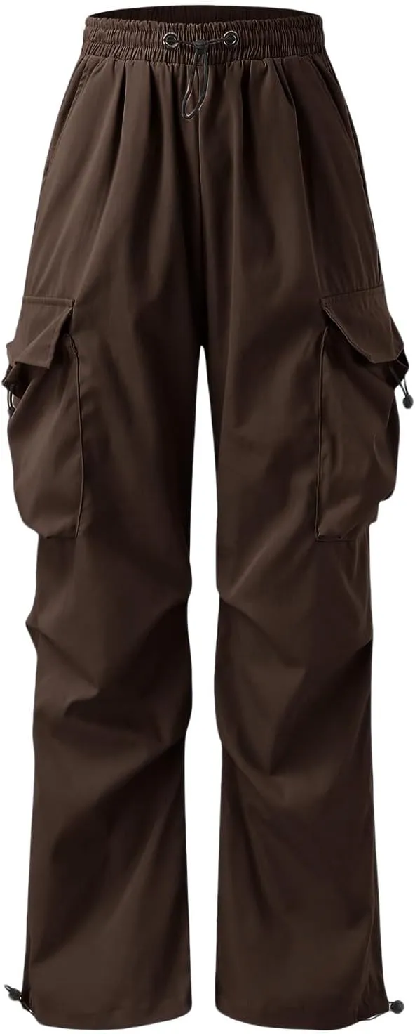 Mens Hiking Parachute Pants High Waist Drawstring Travel Pants Summer Wide Leg Comfy Athletic Trousers with Pockets