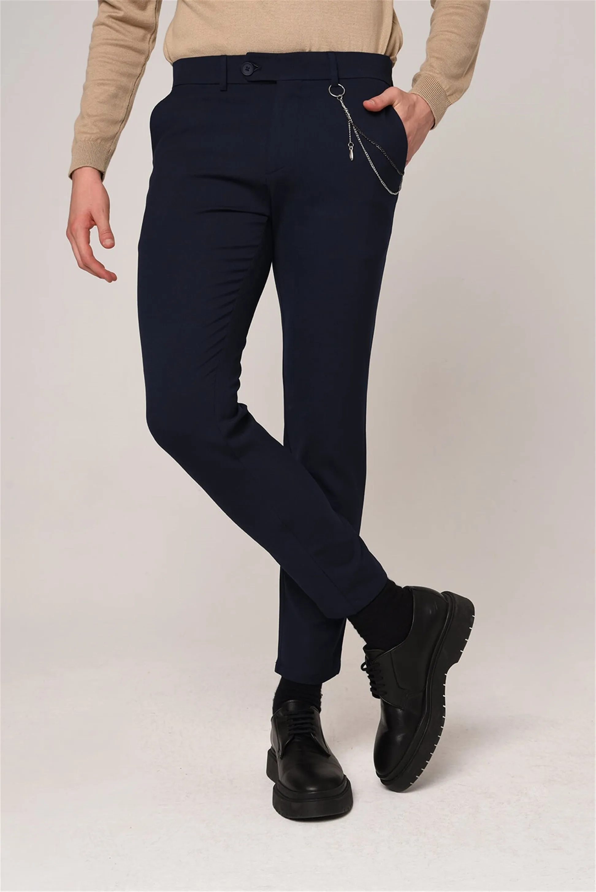 Men's Navy Blue Accessory Detail Slim Fit Trousers - Wessi