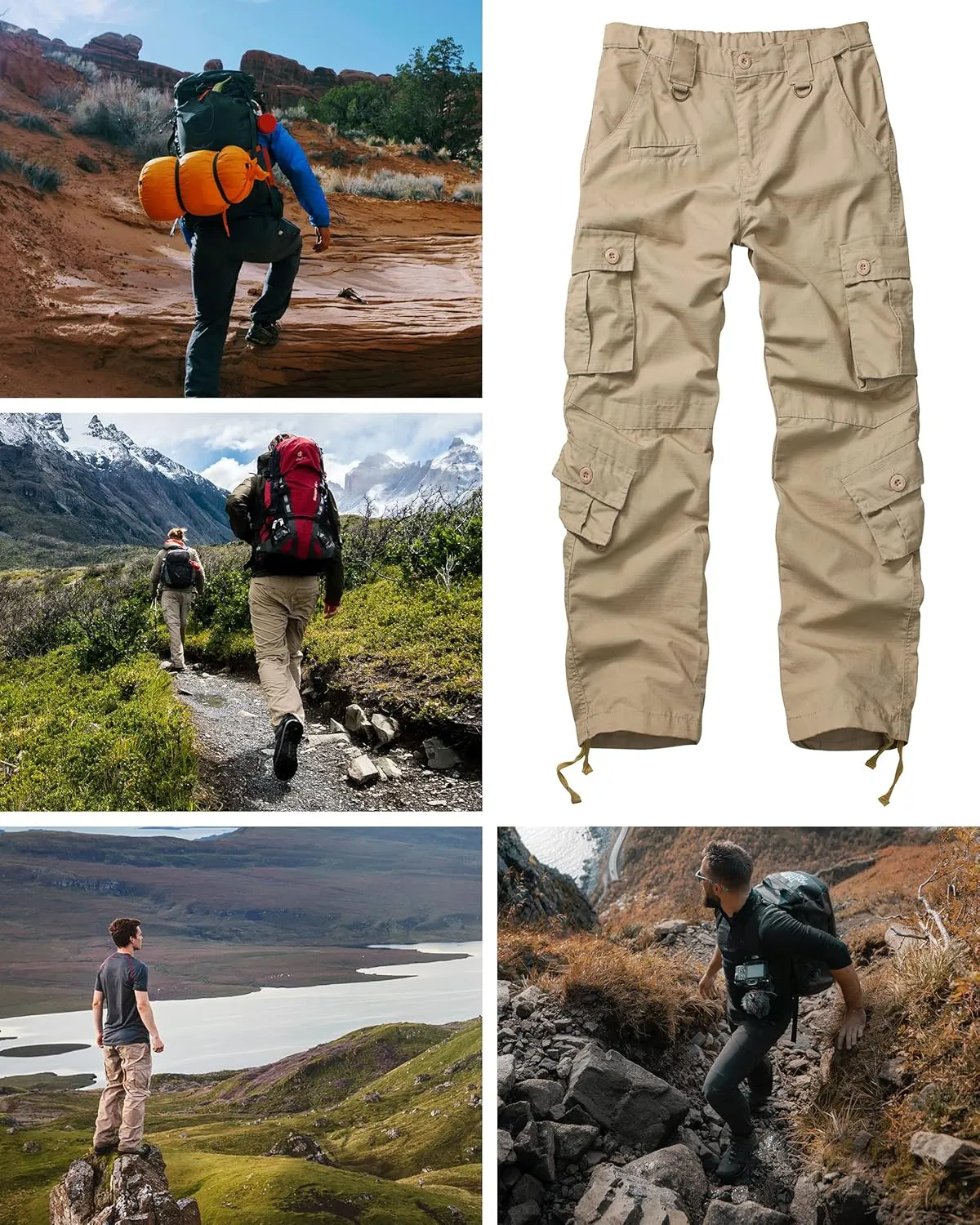 Men's Outdoor Hiking Pants, Elastic Waist Cargo Pants for Men Casual Work Ripstop Tactical Pants with 9 Pockets