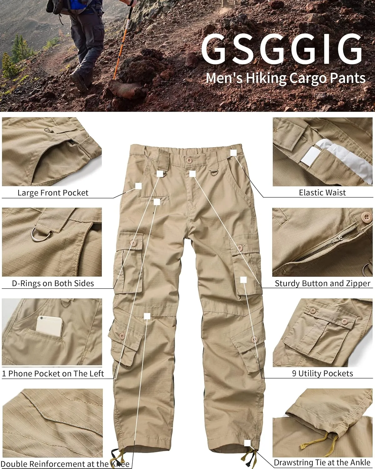 Men's Outdoor Hiking Pants, Elastic Waist Cargo Pants for Men Casual Work Ripstop Tactical Pants with 9 Pockets