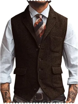 Men's Suit Vest Lapel Herringbone Tweed Business Formal Dress Waistcoat