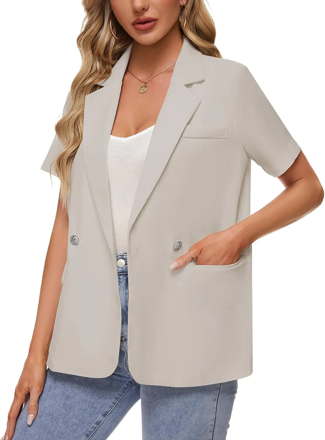 MINTLIMIT Womens Casual Blazer Short Sleeve Lapel Buttons Work Office Blazer Open Front Suit Jackets with Pockets