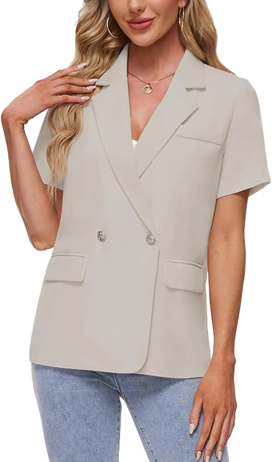 MINTLIMIT Womens Casual Blazer Short Sleeve Lapel Buttons Work Office Blazer Open Front Suit Jackets with Pockets