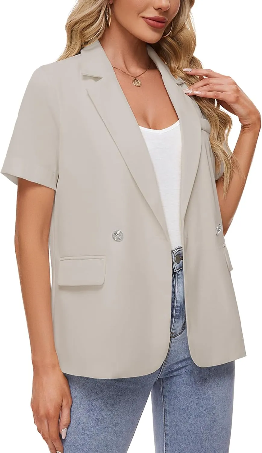 MINTLIMIT Womens Casual Blazer Short Sleeve Lapel Buttons Work Office Blazer Open Front Suit Jackets with Pockets