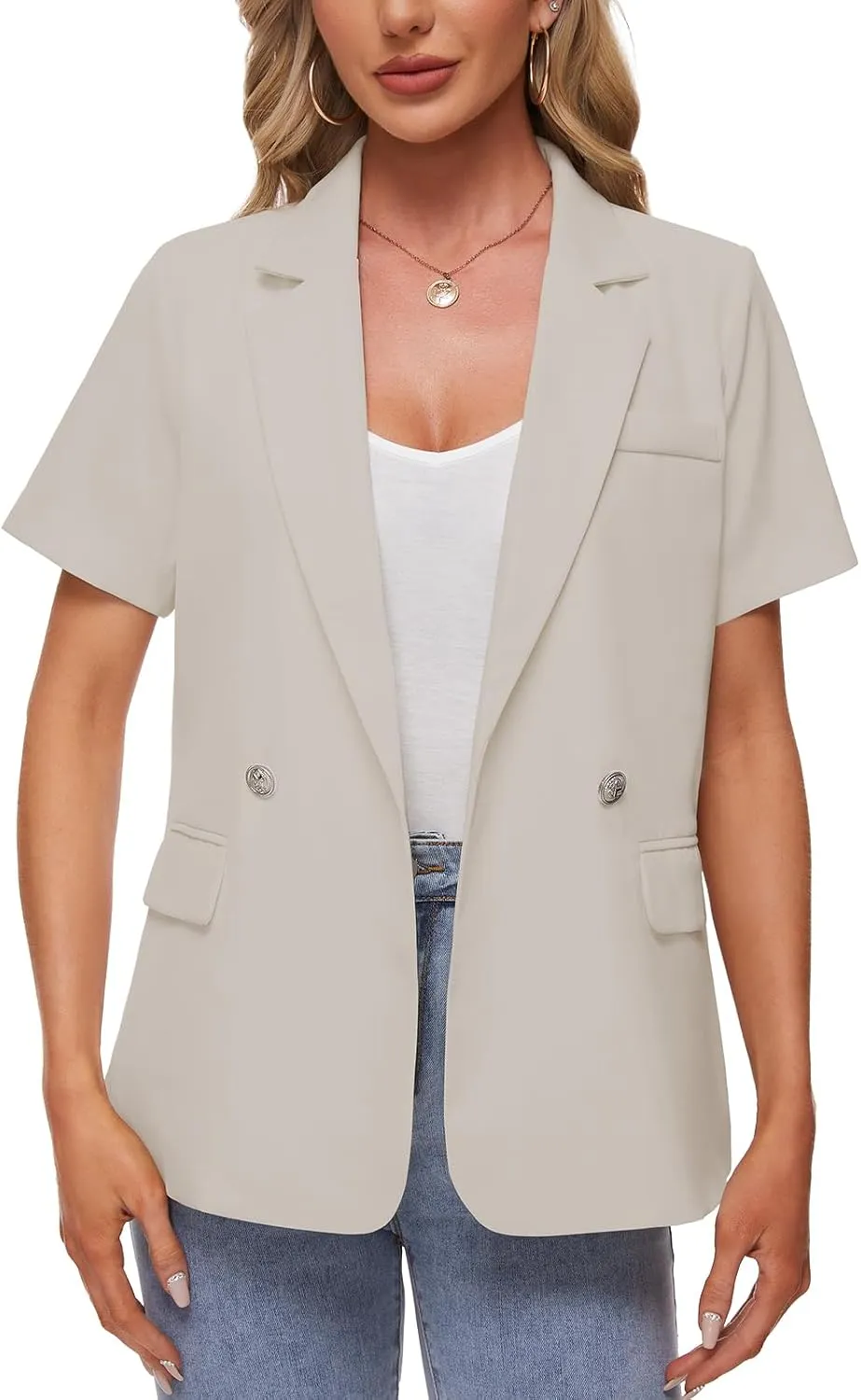 MINTLIMIT Womens Casual Blazer Short Sleeve Lapel Buttons Work Office Blazer Open Front Suit Jackets with Pockets