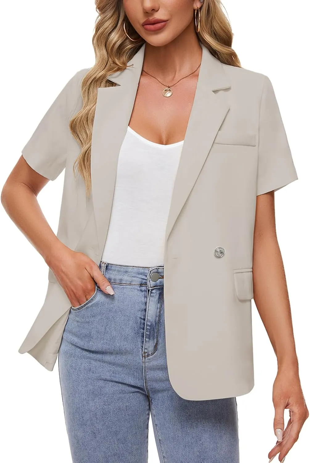 MINTLIMIT Womens Casual Blazer Short Sleeve Lapel Buttons Work Office Blazer Open Front Suit Jackets with Pockets