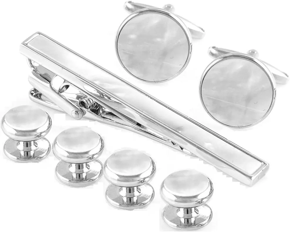 MRCUFF Mother of Pearl Cufflinks & Tie Clip Bar & Studs Tuxedo Set in Presentation Gift Box & Polishing Cloth