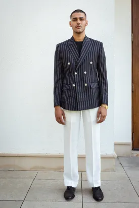 Navy Blue Double Breasted Striped Blazer.