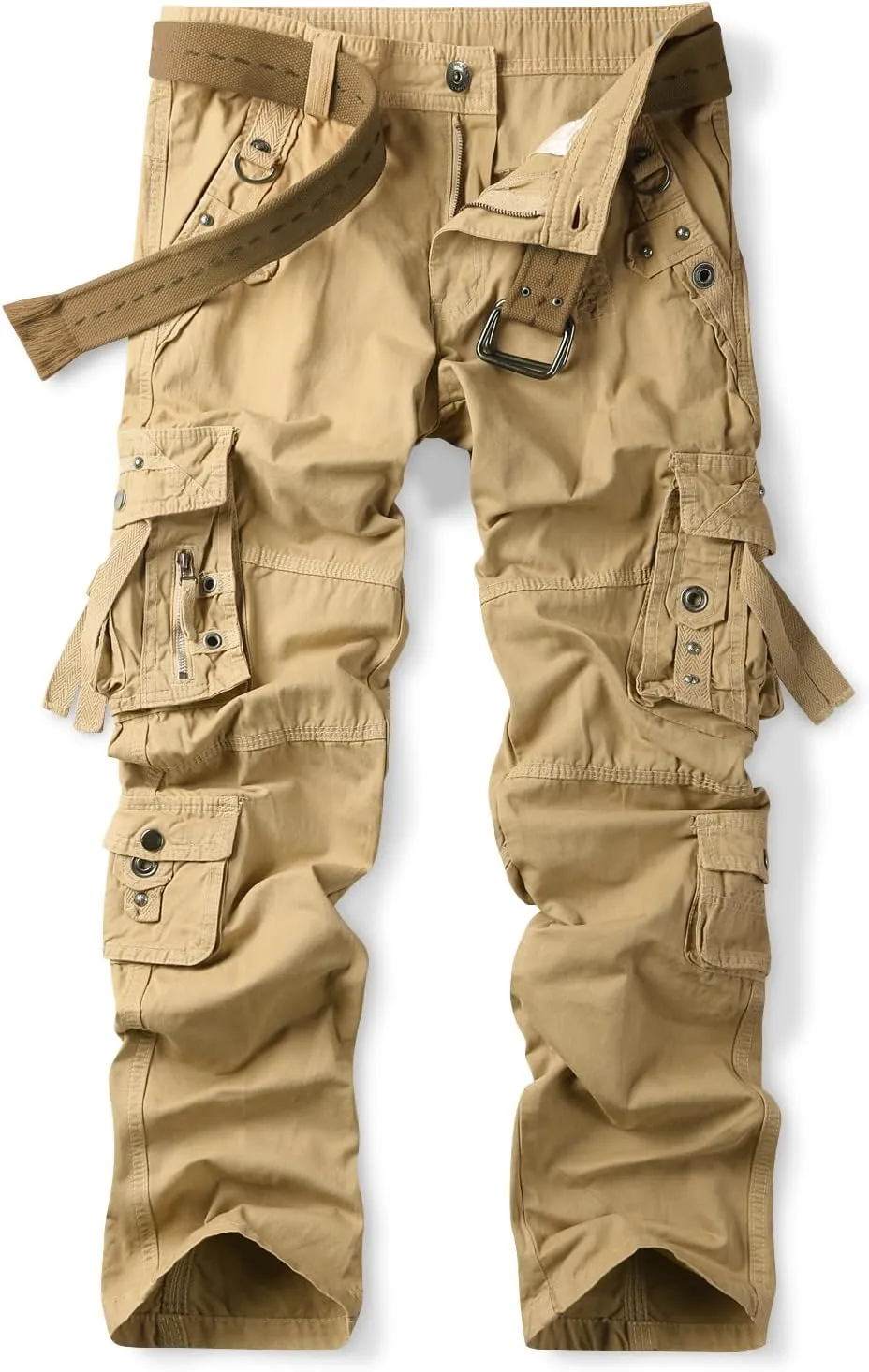 OCHENTA Men's Cotton Casual Baggy Cargo Work Travel Pants with Multi Pockets Relaxed Loose Fit (No Belt)