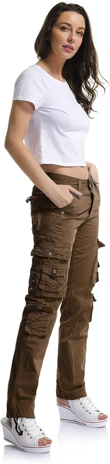 OCHENTA Women's Cotton Casual Cargo Work Pants Travel Hiking Baggy Y2K with Multi Pockets