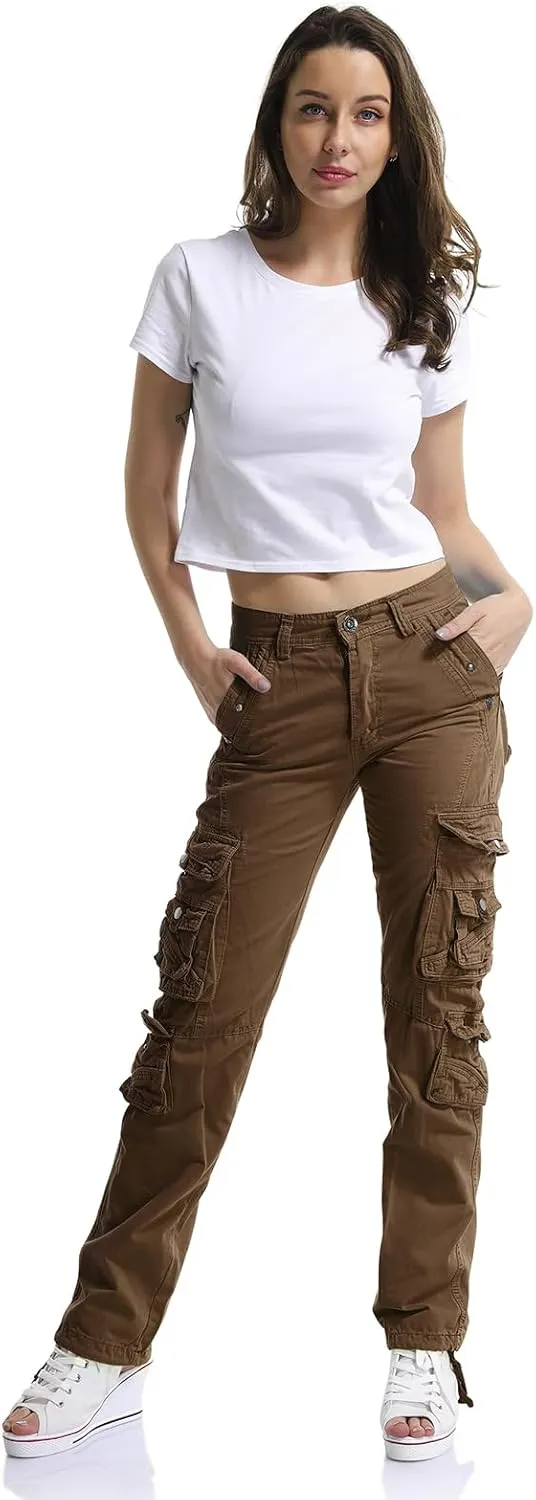 OCHENTA Women's Cotton Casual Cargo Work Pants Travel Hiking Baggy Y2K with Multi Pockets