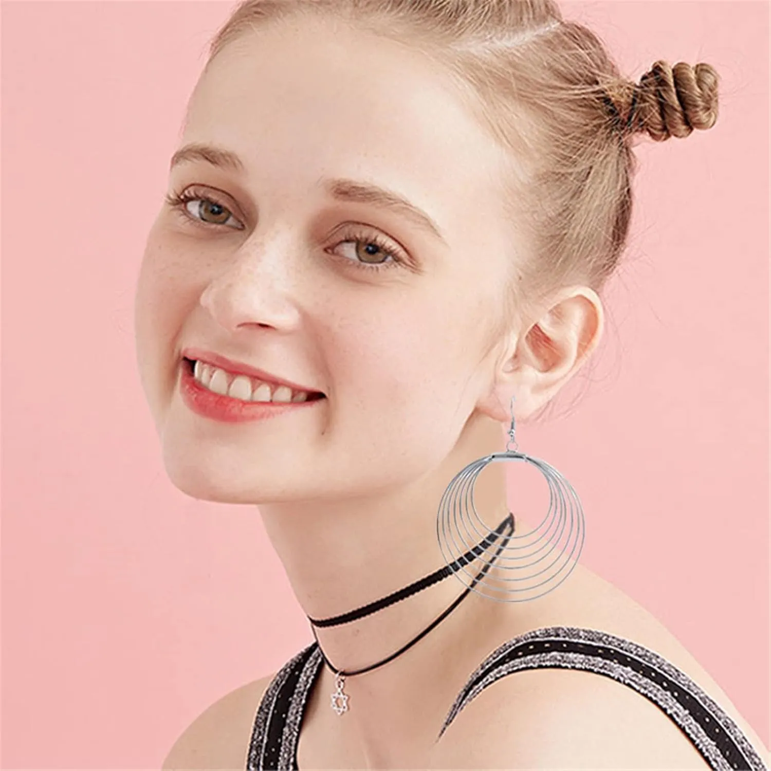 ONLYJUMP Multilayer Round Hoop Earrings for Women Personality Fashion Large Smooth Thin Metal Circle Geometric Boho Multiple Drawing Dangle Drop Statement Earrings Minimalist Jewelry Ladies Gifts