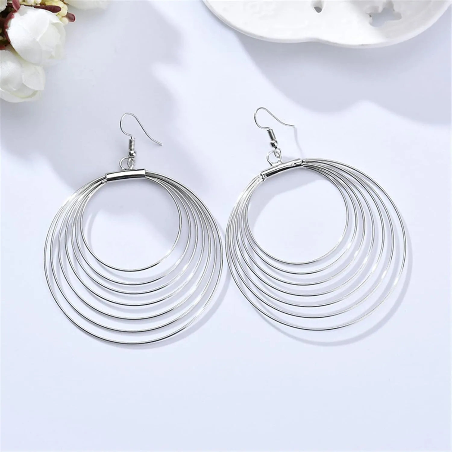 ONLYJUMP Multilayer Round Hoop Earrings for Women Personality Fashion Large Smooth Thin Metal Circle Geometric Boho Multiple Drawing Dangle Drop Statement Earrings Minimalist Jewelry Ladies Gifts