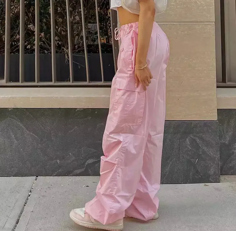 Pink Drawstring Loose Fit Cargo Pants